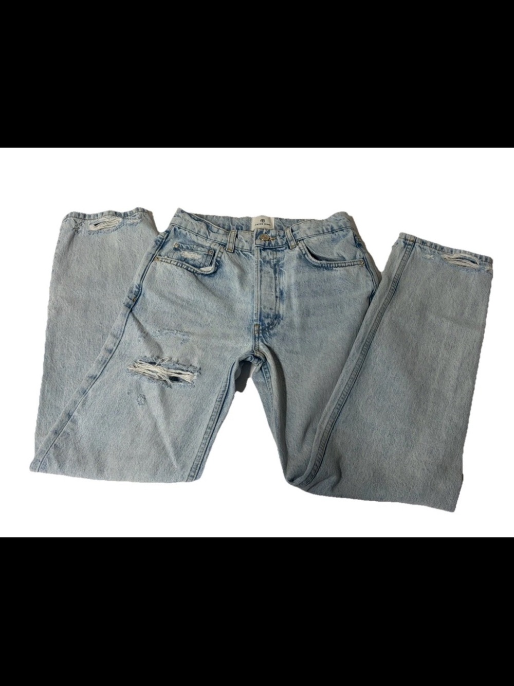 ANINE BING Kate Distressed Light Blue Jeans Cotton Denim Button Fly 5-Pocket